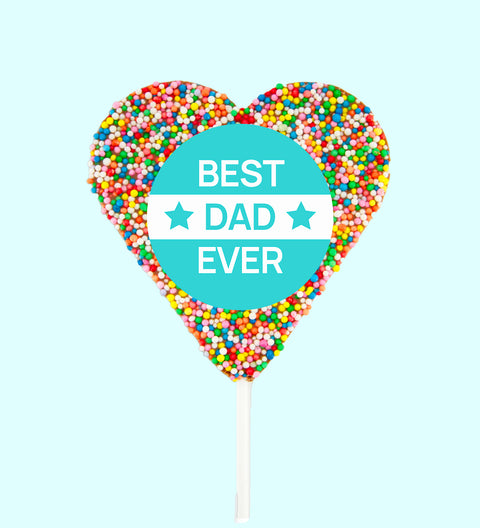 Creamy Belgian chocolate (available in 3 variants - dark, milk or white) heart covered in colourful sprinkles with "Best Dad Ever" design/label - the perfect sweet gift for Dad.