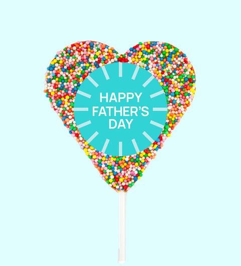 Creamy Belgian chocolate (available in 3 variants - dark, milk or white) heart covered in colourful sprinkles with "Happy Father's Day" design/label - the perfect sweet gift for Dad.