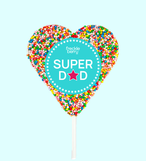 Creamy Belgian chocolate (available in 3 variants - dark, milk or white) heart covered in colourful sprinkles with "Super Dad" design/label - the perfect sweet gift for Dad.
