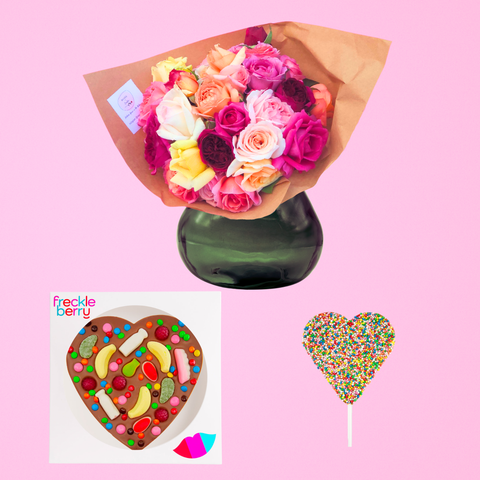 Surprise your special someone with fresh flowers and Belgian chocolate in our Sweetest Gift bundle. Inclusions:

Large flower bouquet
Giant Lolly Heart
Heart Freckle Pop