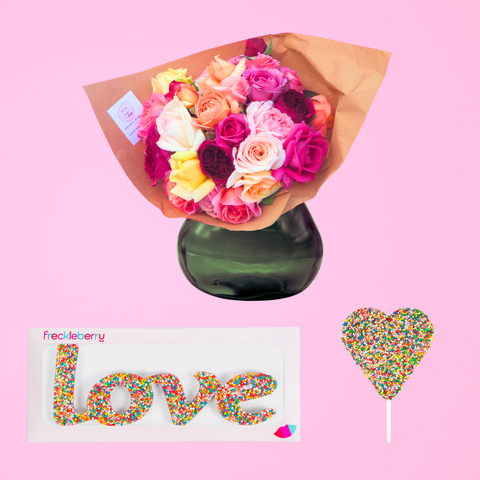 Surprise your special someone with fresh flowers and Belgian chocolate in our Sweetest Gift bundle. Inclusions:

Small flower bouquet
Freckle Word Love
Heart Freckle Pop