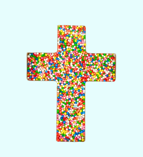 Premium Belgian chocolate (available in 3 variants - dark, milk or white) cross topped with colourful rainbox sprinkles - perfect for religious occasions.