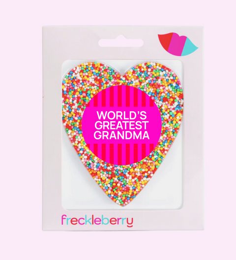 Creamy Belgian milk chocolate heart with colourful sprinkles, personalised with a special "World's Greatest Grandma" sticker for a heartfelt gift.