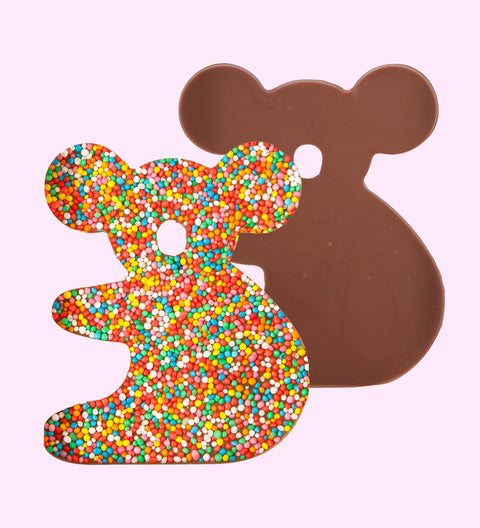 Premium Belgian milk chocolate koala topped with colourful sprinkles – a cute and delicious treat perfect for gifting or sharing.