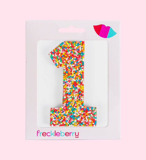 Premium Belgian chocolate number "1" topped with colourful sprinkles – a fun and delicious treat for any occasion.