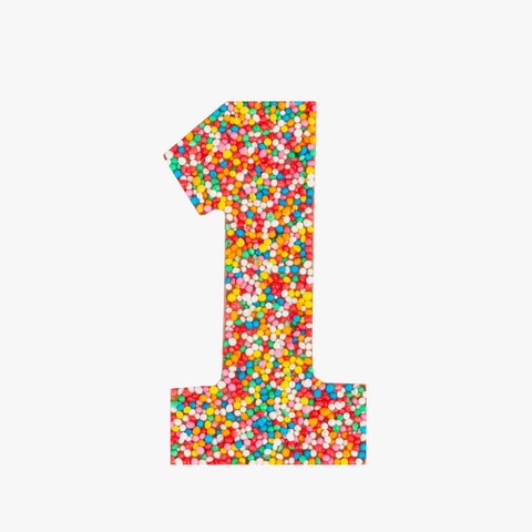 Premium Belgian chocolate number "1" topped with colourful sprinkles – a fun and delicious treat for any occasion.