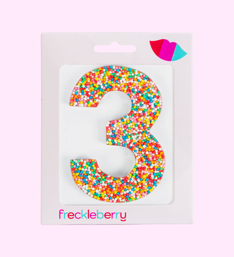 Premium Belgian chocolate number "3" topped with colourful sprinkles – a fun and delicious treat for any occasion.