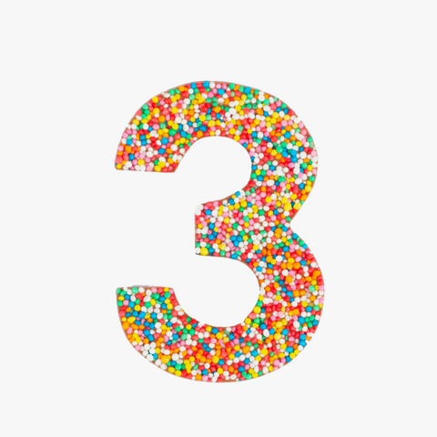 Premium Belgian chocolate number "3" topped with colourful sprinkles – a fun and delicious treat for any occasion.