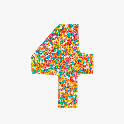 Premium Belgian chocolate number "4" topped with colourful sprinkles – a fun and delicious treat for any occasion.