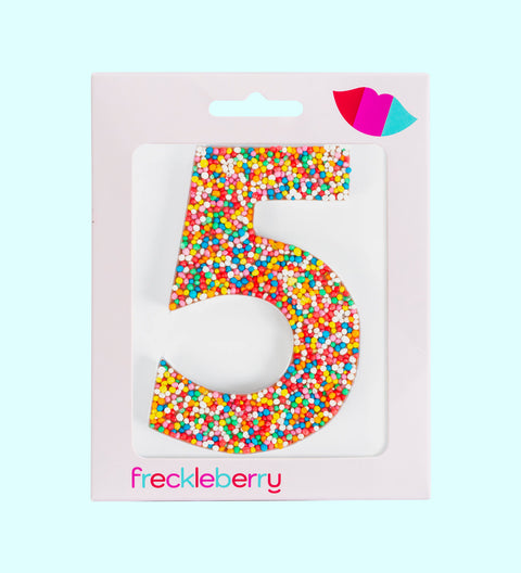 Premium Belgian chocolate number "5" topped with colourful sprinkles – a fun and delicious treat for any occasion.