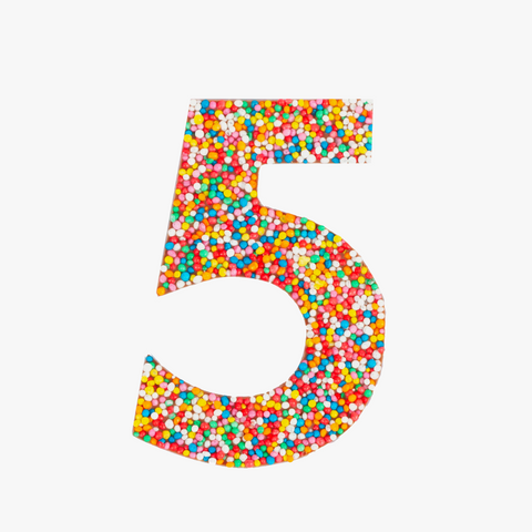 Premium Belgian chocolate number "5" topped with colourful sprinkles – a fun and delicious treat for any occasion.