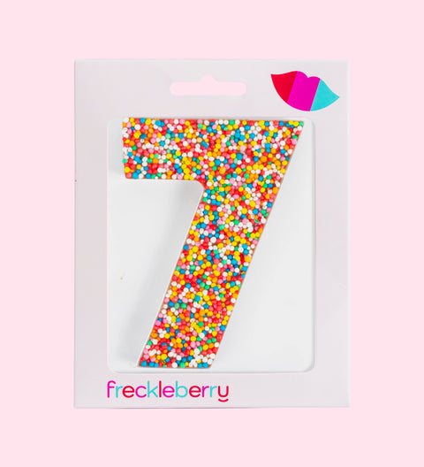 Premium Belgian chocolate number "7" topped with colourful sprinkles – a fun and delicious treat for any occasion.