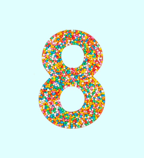 Premium Belgian chocolate number "8" topped with colourful sprinkles – a fun and delicious treat for any occasion.