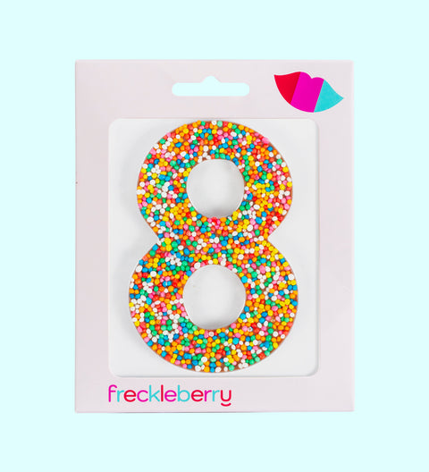 Premium Belgian chocolate number "8" topped with colourful sprinkles – a fun and delicious treat for any occasion.