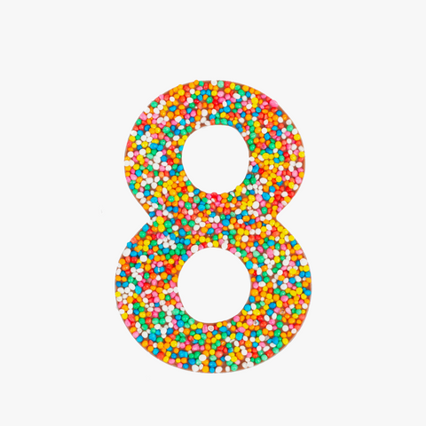 Premium Belgian chocolate number "8" topped with colourful sprinkles – a fun and delicious treat for any occasion.