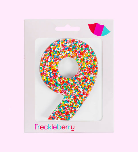 Premium Belgian chocolate number "9" topped with colourful sprinkles – a fun and delicious treat for any occasion.