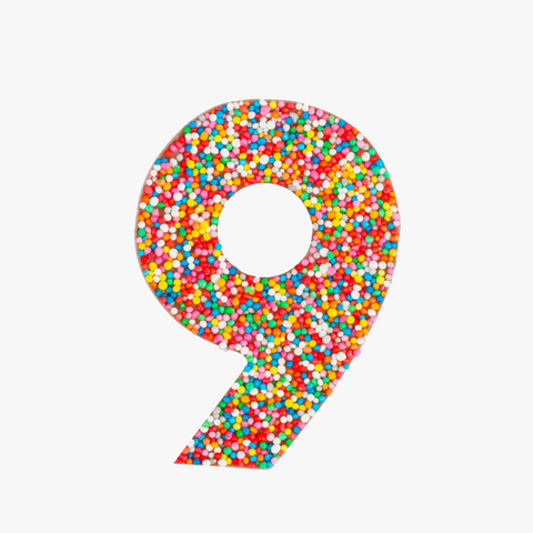Premium Belgian chocolate number "9" topped with colourful sprinkles – a fun and delicious treat for any occasion.