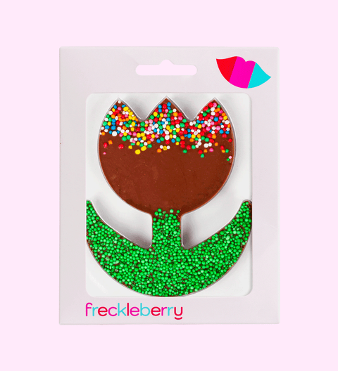 Tulip-shaped crafted from premium Belgian chocolate and topped with colourful sprinkles. A sweet and cheerful gift for any occasion.