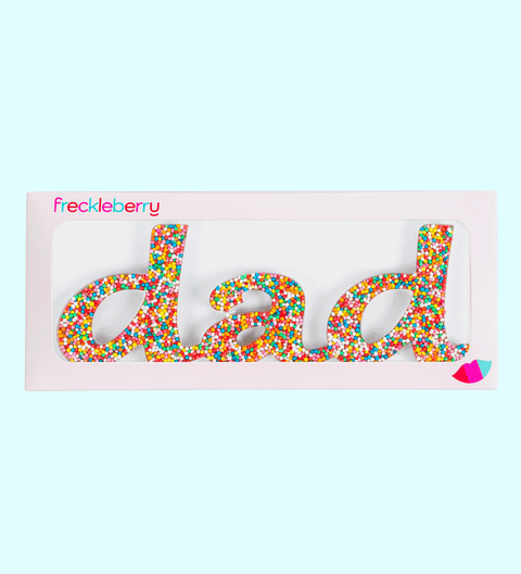 Premium Belgian milk chocolate word "Dad" topped with colourful sprinkles – a sweet and thoughtful treat for Father’s Day or any occasion.