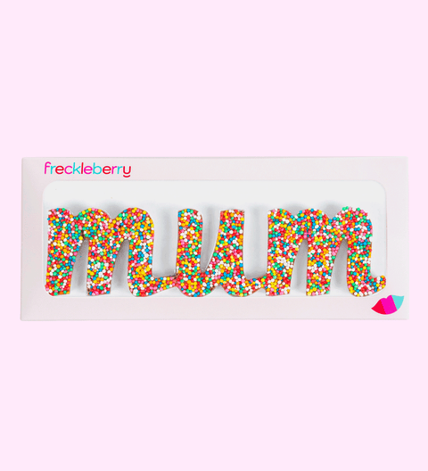 Premium Belgian milk chocolate word "Mum" topped with colourful sprinkles – a sweet gift for any special mum.