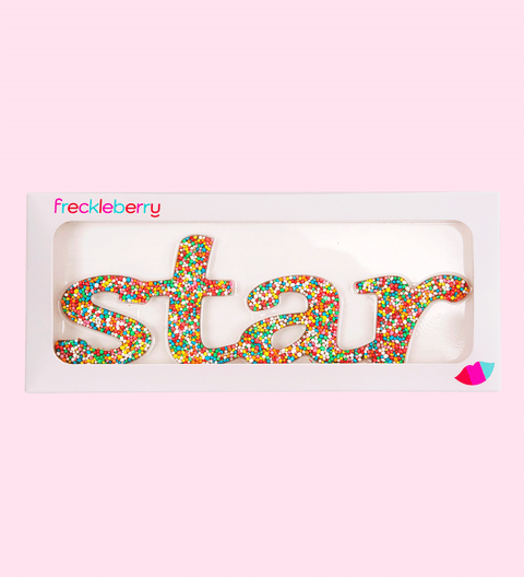 Premium Belgian milk chocolate word star, topped with colourful sprinkles – a fun and delicious treat for any occasion.