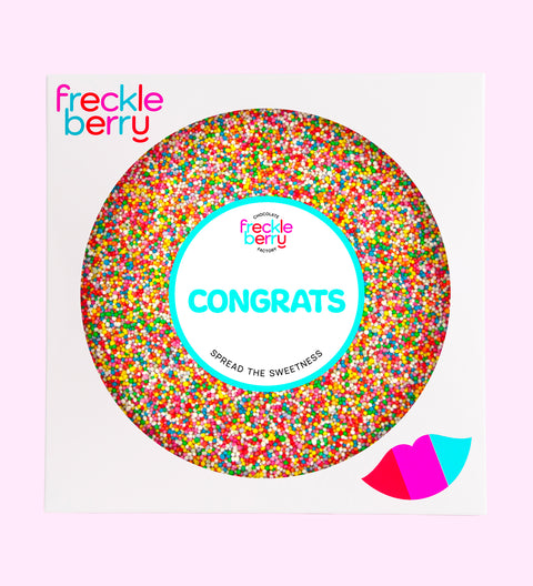 Premium giant Belgian chocolate (available in 3 variants - dark, milk or white) covered in colourful sprinkles, finished with "Congrats" design/label -  perfect to celebrate any achievements.
