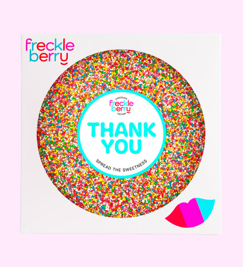 Festive premium giant Belgian chocolate (available in 3 variants - dark, milk or white) freckle topped with colourful sprinkles with "Thank You" design label - perfect for sharing and expressing gratitude.