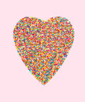 Premium Belgian giant heart milk, dark and white chocolate covered in colourful freckles/sprinkles, finished with a customisable front label for any occasion.