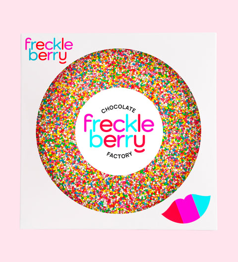 Premium giant Belgian chocolate (available in 3 variants - dark, milk or white) covered in colourful sprinkles, finished with a customisable front label for any occasion.