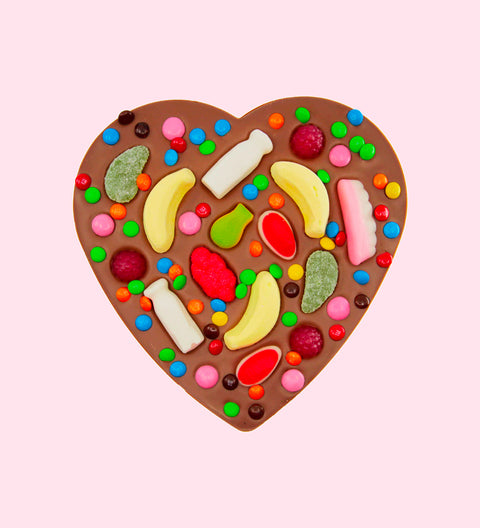 Premium Belgian chocolate heart pizza (available in 3 variants - dark, milk or white) topped with colourful lollies, can be customised with your uploaded image for a fun and unique gift.
