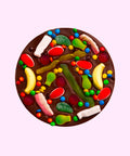 Premium Belgian dark chocolate pizza topped with colourful lollies, can be customised with your uploaded image for a fun and unique gift.