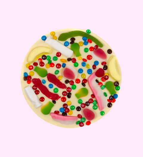 Premium Belgian white chocolate pizza topped with colourful lollies, can be customised with your uploaded image for a fun and unique gift.