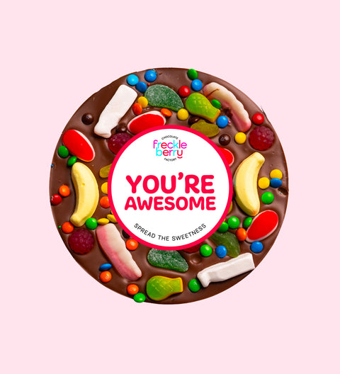 Giant Belgian chocolate (available in 3 variants - dark, milk or white) pizza loaded with colourful lollies and M&M®s with "You're Awesome" sticker/design - perfect to express appreciation in all occasions.
