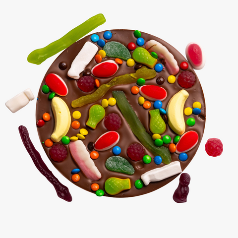 Giant Belgian milk chocolate lolly pizza loaded with lollies, can be customised for a special gift.