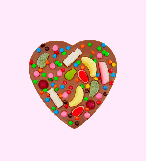 Premium Belgian milk chocolate giant heart topped with colourful lollies, can be customised for the perfect celebration on any occasion.
