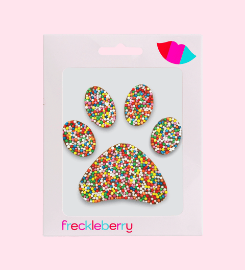 Creamy Belgian milk chocolate shaped with colourful sprinkles in a paw print design, perfect for animal lovers and sweet treats.