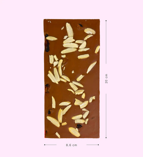 Belgian milk chocolate fruit and nut block with flaked almonds, sultanas and raisins. A creamy, classic chocolate perfect for gifting or treating.