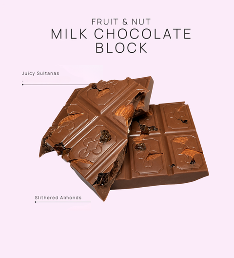 Delicious 100% Belgian Chocolate with whole almonds and sweet sultanas