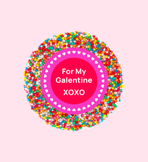Premium Belgian chocolate topped with colourful multi sprinkles, wrapped in a charming For My Galentine XOXO design/label – a sweet Galentine's Day treat.