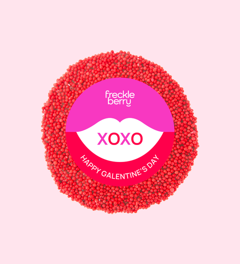 Premium Belgian chocolate topped with bright red sprinkles, wrapped in a charming XOXO design/label – a sweet Galentine's Day treat.