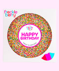 Premium creamy giant Belgian chocolate (available in 3 variants - dark, milk or white) topped with colourful multi sprinkles with 'Happy Birthday' sticker, the perfect sweet gift to celebrate and uplift someone special.