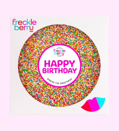 Premium giant Belgian chocolate topped with colourful sprinkles, wrapped in a cheerful Happy Birthday design – a delicious gift for any celebration.