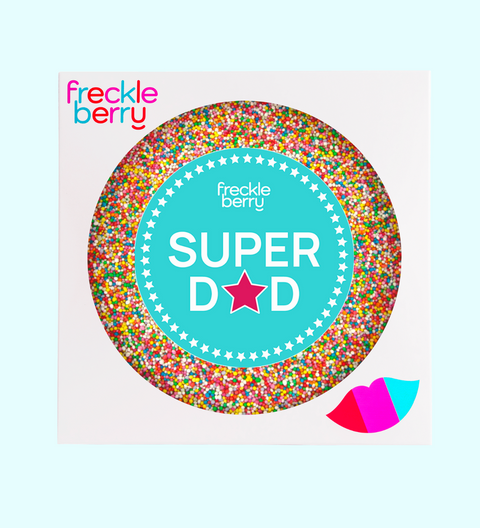 Creamy giant Belgian milk chocolate with colourful sprinkles with Super Dad sticker, the perfect sweet gift to celebrate Dad.