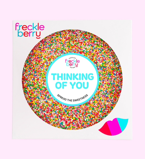 Premium giant Belgian chocolate (available in 3 variants - dark, milk or white) freckle with "Thinking of You" design/label - perfect to express you are thinking of someone you love. 