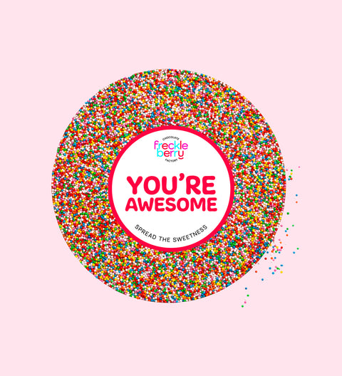 Creamy Belgian chocolate (available in 3 variants - dark, milk or white) topped with colourful sprinkles with "You're Awesome" design/label, the perfect sweet gift to celebrate and uplift someone special.