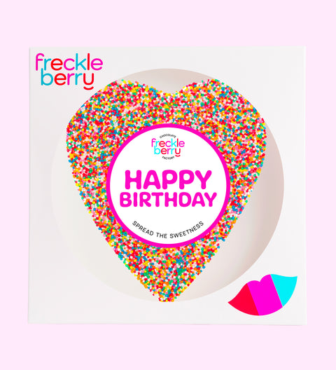 Premium giant Belgian chocolate heart topped with colourful sprinkles, wrapped in a cheerful Happy Birthday design – a delicious gift for any celebration.