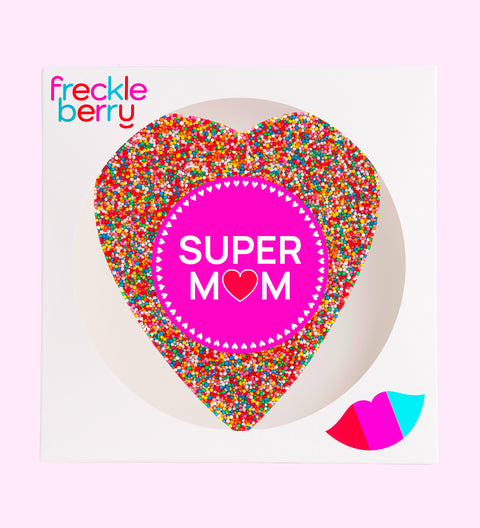 Giant freckle heart made from premium Belgian chocolate and topped with colourful sprinkles with Super Mum sticker. A beautiful and delicious Mother’s Day gift she’ll adore.