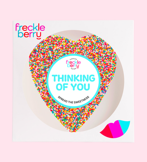 Premium giant Belgian chocolate (available in 3 variants - dark, milk or white) freckle heart with "Thinking of You" design/label - perfect to express you are thinking of someone you love. 