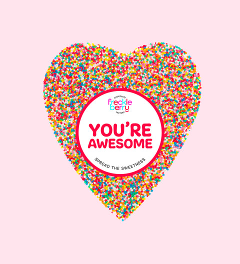Creamy Belgian chocolate (available in 3 variants - dark, milk or white) topped with colourful sprinkles with "You're Awesome" design/label, the perfect sweet gift to celebrate and uplift someone special.