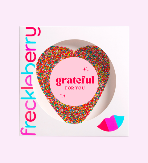 Giant Belgian chocolate lolly pizza or freckle in heart or circle shapes with a “Grateful for You” sticker. A perfect gift for friends, Galentine’s Day and Valentine’s.